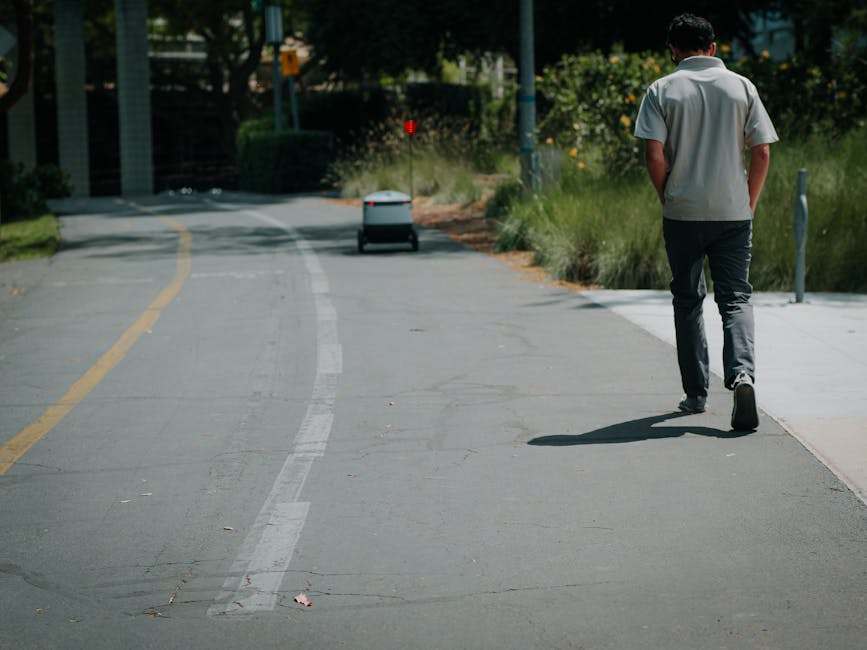 A man wearing a light grey short-sleeved shirt and dark trousers is walking along a paved sidewalk in an outdoor urban setting during daytime. The sidewalk is bordered by greenery, including bushes an