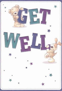 The inviting comfort of this illustrated get well card is immediately apparent. At its centre, a cuddly bear perches atop the bold, three-dimensional letters spelling 'GET,' while a playful, floppy-eared puppy nuzzles beneath the confident 'WELL.' Both characters wear soft expressions of hope and affection, their rounded forms rendered in warm golden tones and gentle browns that feel right at home in the friendly neighbourhoods of Hampton. Scattered stars-painted in lively shades of teal, deep purple, and sky blue-dance across the background, infusing the scene with innocence and a sprinkling of magical possibility. The crisp, clean backdrop calls to mind the tranquil atmosphere found at the edge of Bushy Park on an early morning, fostering a sense of clarity and calm that's especially meaningful when someone is unwell. The brushstrokes convey a plush, touchable quality to fur and ears, evoking the tactile reassurance of a fresh bouquet assembled by a local Flowers Hampton florist with equal care and intent. Just as every floral arrangement is thoughtfully crafted to inspire comfort, this card transforms a simple message into a miniature celebration-ideal for sending soothing wishes alongside a delivery of blooms within Hampton and its welcoming communities.
