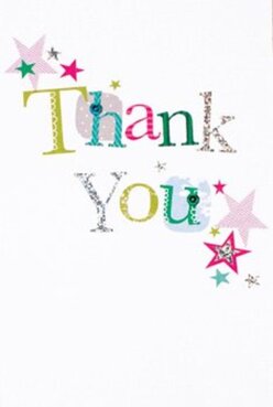 Delight shines from this thank you card, blending exuberant hues and tactile charm in a way that feels rooted in the heart of Hampton. The phrase 'Thank You' is artistically spread across the crisp white surface, each letter boasting its own signature-lime, fuchsia, sapphire blue-stitched or ornamented with subtle motifs like tiny polka dots and delicate lines reminiscent of handcrafted paper from a local art fair near Station Road. Star shapes in shimmering magenta, teal, and golden tones tumble playfully across the corners, like confetti drifting through the air after a summer garden party. The print carries a gentle texture, with the silver-tinged letters glinting playfully in daylight, mirroring the tactile pleasure of a hand-signed greeting. This card's clean background acts as the perfect stage for its colourful, heartfelt message, allowing gratitude to ripple outwards just like the ripples on the Thames. Imagining this card tucked beside a radiant bouquet from Flowers Hampton, it's easy to feel the genuine warmth and personal touch behind every element. Each design choice-every vibrant splash and joyful star-reflects the artistic care that goes into floral arrangements for the Hampton community. This thank you card stands ready to mark a special moment, conveying appreciation with both artistry and sincerity in every detail.