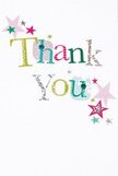There's a gentle, joyful warmth to this thank you card, as if every facet were crafted to lift someone's spirits along the friendly streets of Hampton. The words 'Thank You' appear in playful, multicoloured lettering-silver shimmering beside sun-bright yellow, leafy green, and cheerful cornflower blue-each letter adorned with dainty dots or delicately stitched lines, evoking the detail of hand-crafted keepsakes found in the village markets. Star motifs in shades of pink, teal, and silver orbit the central message, adding a sense of quiet celebration and a sparkle reminiscent of local festivals by the Thames. A flawless white background offers space for the vibrant colours to breathe, lending calm and lightness to the design, never overcrowded. The arrangement of letters and stars seems to dance gently, as though animated by a breeze blowing through Hampton's parks on a clear morning. Receiving this card beside a freshly arranged bouquet, the recipient would feel heartfelt appreciation shimmering from every inch-a sweet, whimsical expression of gratitude that could only come from a place where community and kindness thrive. This thank you card encapsulates cheerful sincerity, making it the perfect finishing touch for marking moments of thanks in Hampton.